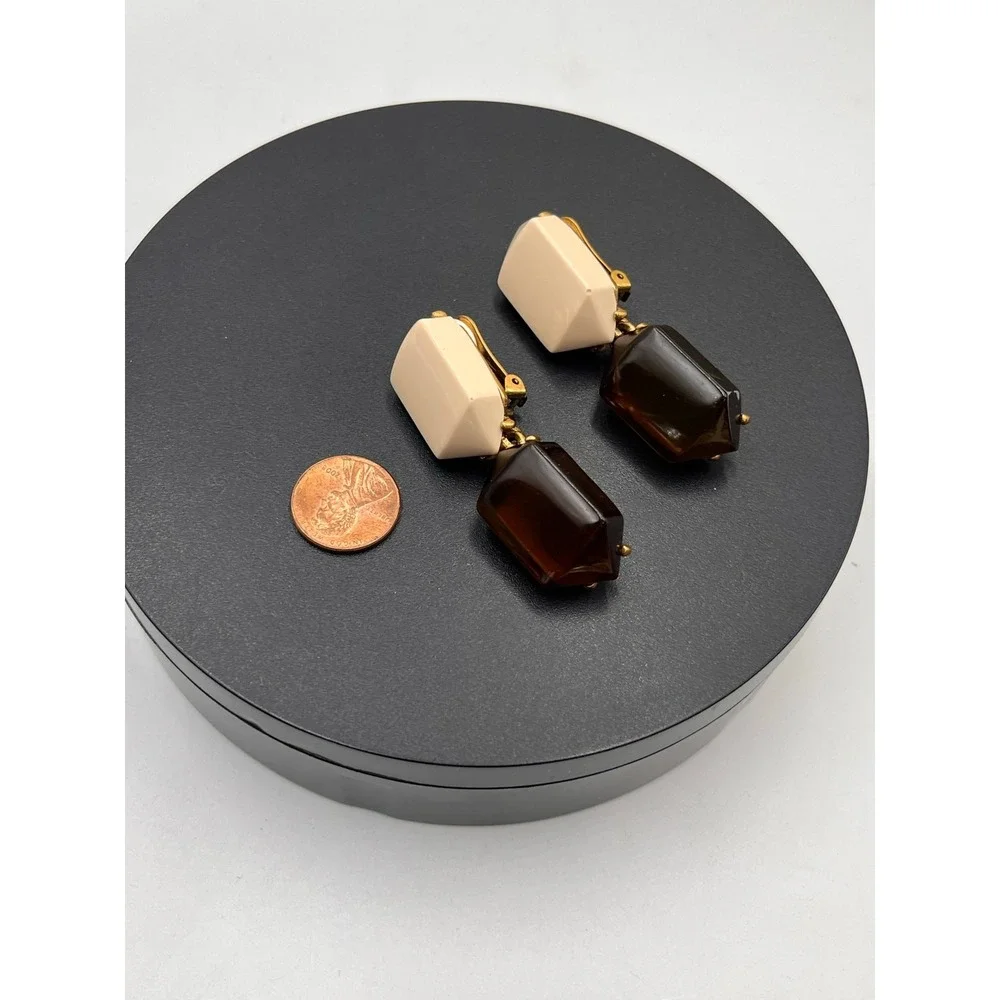 Oscar de la Renta Designer Tan Black Resin Drop Dangle Clip‎ on Earrings